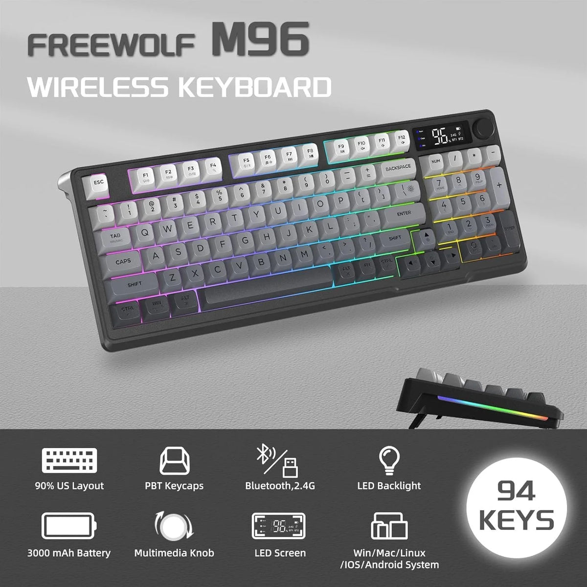 M96 Wireless Gaming Keyboard Creamy Membrane with Rainbow Backlight,Media Knob,LCD Screen,Dual Mode-Bluetooth/2.4Ghz,Ball Shape
